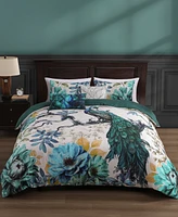 Bebejan Peacock Jardin Bedding 100% Cotton Sateen 5 Piece King Size Reversible Comforter Set