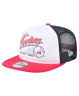 New Era Men's White/Red Minnesota Twins Retro Script Trucker 9FIFTY Snapback Hat