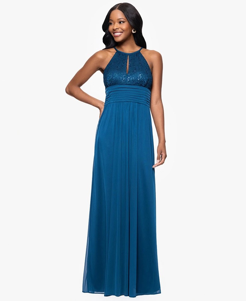 B&A By Betsy and Adam Petites Lace Long Halter Dress