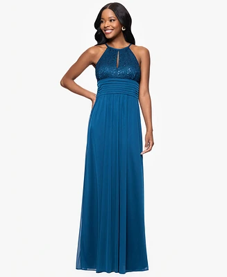 B&A By Betsy and Adam Petites Lace Long Halter Dress