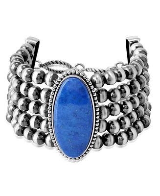 American West Jewelry Sterling Silver Oval Lapis Oval Cut Beaded Toggle Bracelet, Size, Size Small