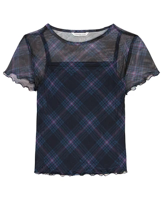 Clavin Klein Big Girls Plaid Power Mesh Short Sleeve Shirt