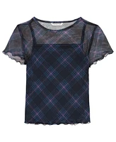 Clavin Klein Big Girls Plaid Power Mesh Short Sleeve Shirt