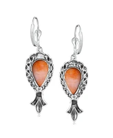 American West Jewelry Sterling Silver Orange Spiny Oyster Pear Gemstone Squash Blossom Lever Back Earrings