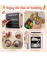 Wooden Kids Kitchen Playset with Chalkboard Ice Maker Sink Lighted Microwave