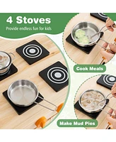 Mud Kitchen Fir Wood Play Kitchen with Canopy and Sink and 4 Stoves