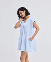Reistor Women's Oversized V neck Short Dress with Frayed Sleeves