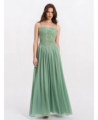 Miss Circle Women's Ucille Sage Green Embroidered Chiffon Maxi Dress