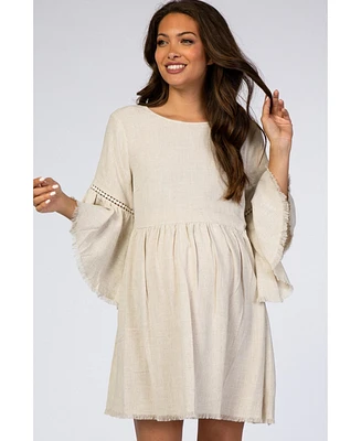Pinkblush Beige Raw Edge Bell Sleeve Babydoll Maternity Dress