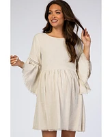 Pinkblush Beige Raw Edge Bell Sleeve Babydoll Maternity Dress