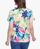 Alfred Dunner Petite Tropical Leaf Split Beaded Neck Top
