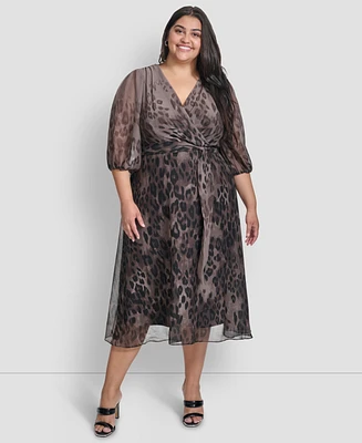 Dkny Plus Ombre Printed Balloon-Sleeve Faux-Wrap Dress
