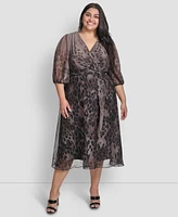 Dkny Plus Ombre Printed Balloon-Sleeve Faux-Wrap Dress