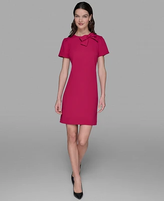 Karl Lagerfeld Paris Women's Scuba Crepe Short Sleeve Bow Detail A-line Dress