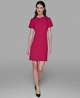Karl Lagerfeld Paris Women's Scuba Crepe Short Sleeve Bow Detail A-line Dress