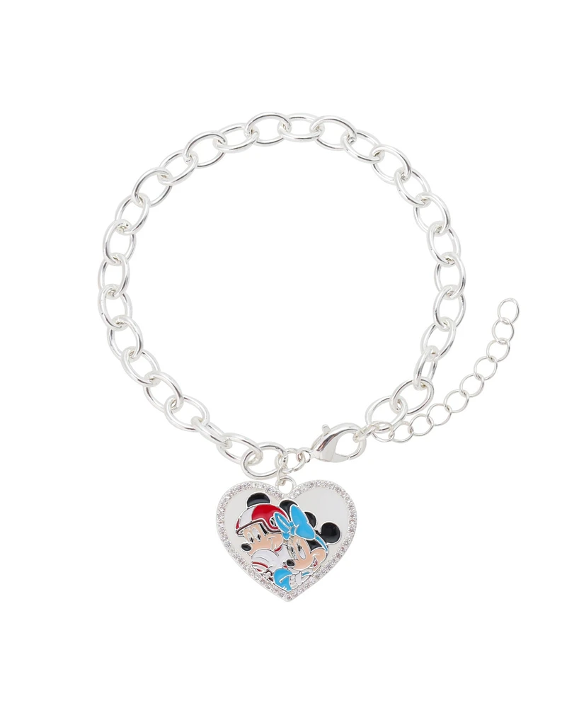 Disney Mickey and Minnie Cubic Zirconia Football Heart Charm Chain Bracelet
