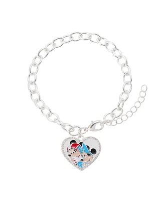 Disney Mickey and Minnie Cubic Zirconia Football Heart Charm Chain Bracelet