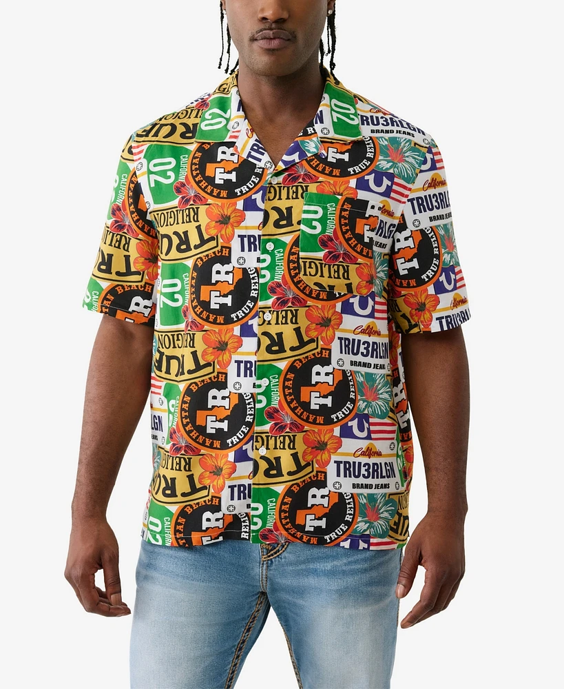 True Religion Men's Short Sleeve Allover Print Camp Shirt