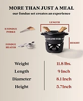 Alva Nori 2 Qt Enameled Cast Iron Fondue Set - Complete with 8 Wooden Forks & Adjustable Burner - Pfoa-Free Cheese, Chocolate & S'mores Pot