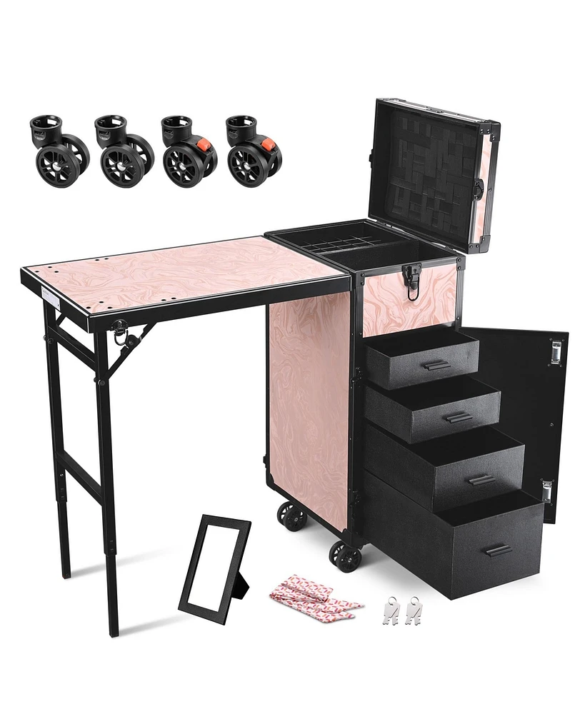 Byootique Rolling Cosmetic Case Nail Table Kit w/ 4 pcs Replacement Wheels Pink