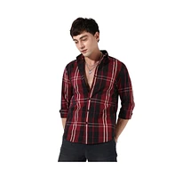 Campus Sutra Men's Plaid Red Cotton Shirt