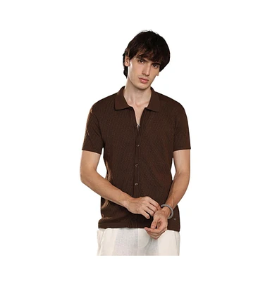 Campus Sutra Men's Taupe Brown Rhombus-Textured Knit Shirt