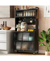 Slickblue 5 Tier Kitchen Bakers Rack with Lights Multifunctional Microwave Stand Flip Door Cabinets