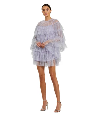 Mac Duggal Women's High Neck Tiered Ruffle Pearl Beaded Cape Dress