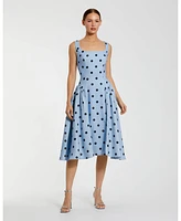 Mac Duggal Women's Polka Dot A-Line Midi Dress with Square Neck and Ruffle Gussets