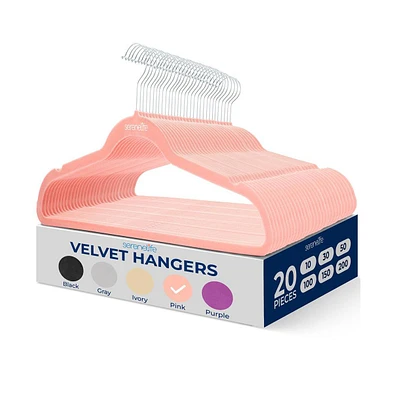 SereneLife 20 Pcs. Velvet Hangers - Non-Slip, Sturdy, and Heavy Duty Coat Set with 360° Swivel Hook for Clothes (Pink)