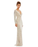 Women's Embellished Illusion Long Sleeve V Neck Gown