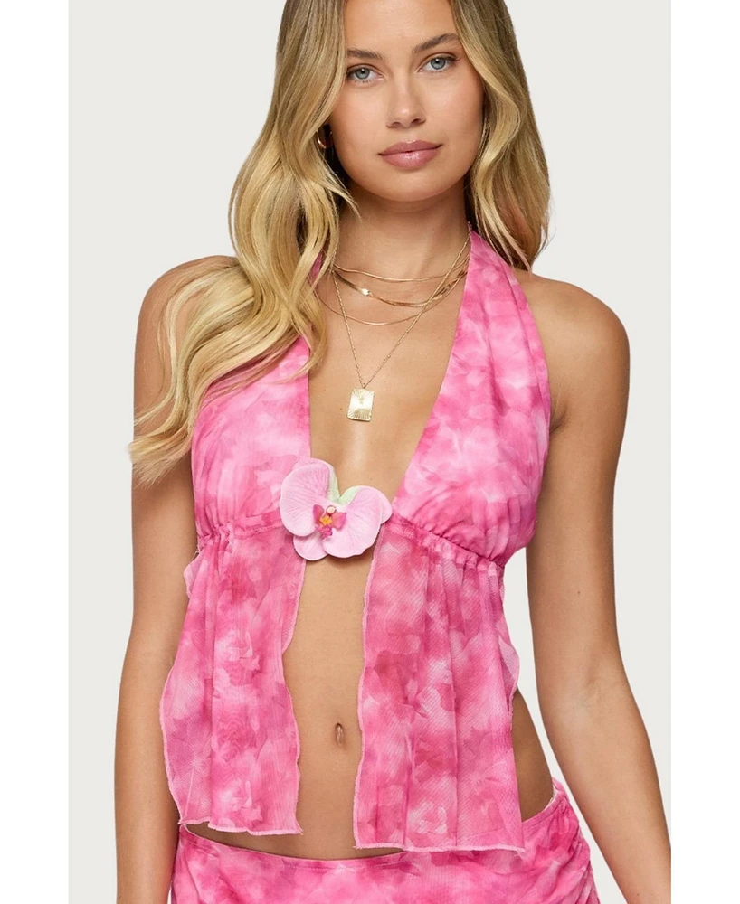 Edikted Women's Tiedye Mesh Split Front Backless Top