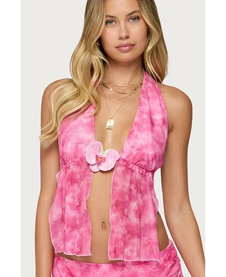 Edikted Women's Tiedye Mesh Split Front Backless Top
