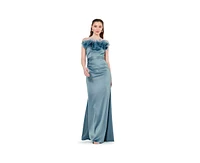 Amri Women's Organza Floral Detail Pleated Satin Gown