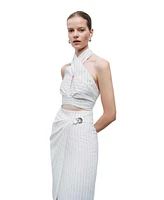 Nocturne Women's Striped Linen Blend Midi Skirt with Metal Accessories
