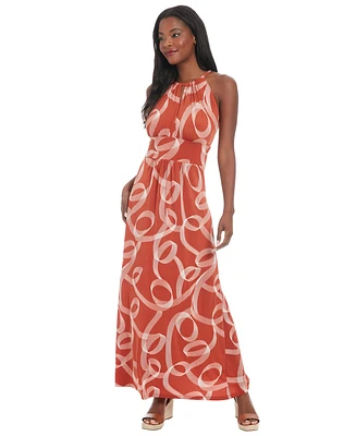 London Times Women's Printed Jersey Halter-Neck Maxi Dress