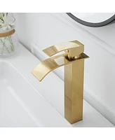 Greenspring Waterfall Single Hole Single Handle Modern Bathroom Vessel Sink Faucet With Metal Drain in Brushed Gold