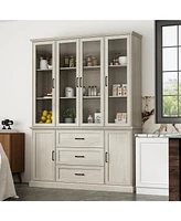 Homsee Modern gray white wood grain glass 6-door 3-drawer cabinet, storage cabinet, pantry