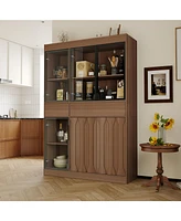 Homsee Modern wood grain 4 tempered glass doors 2 drawers storage cabinet, pantry， wooden