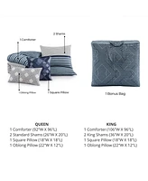 Bebejan Blue Geo Lines Bedding 100% Cotton Sateen 5 Piece Queen Size Reversible Comforter Set