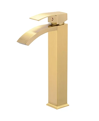 Greenspring Waterfall Single Hole Handle Bathroom Vessel Sink Faucet With Pop Up Drain Without Overflow Matte Black & Gold