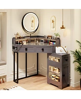 Vlsrka Farmhouse-style dressing table with mirror and lights, featuring a glass top.
