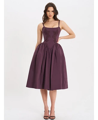 Miss Circle Women's Oakleigh Blackberry Purple Cotton Lace-up Back Midi Dress