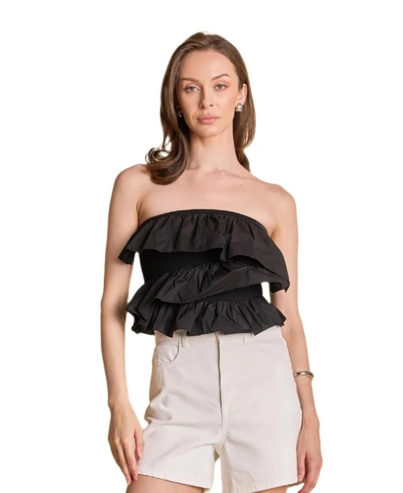 endless rose Women's Mixed Media Ruffled Strapless Top