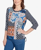 Alfred Dunner Women's Batik Patchwork Drawstring Crew Neck Top