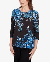 Alfred Dunner Women's Floral Asymmetric Three Quarter Sleeve Top
