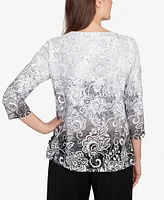 Alfred Dunner Women's Ombre Scroll Split Beaded Neck Top