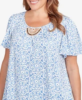 Ruby Rd. Plus Beaded Macrame Puff Print Top