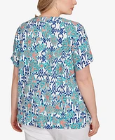 Ruby Rd. Plus Floral Overlay Ikat Embroidered Top