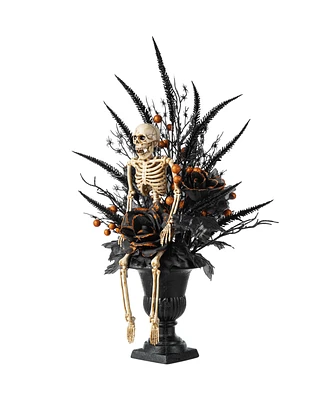 Glitzhome 22" Halloween Black Rose, Skeleton and Berry Urn Table Tree